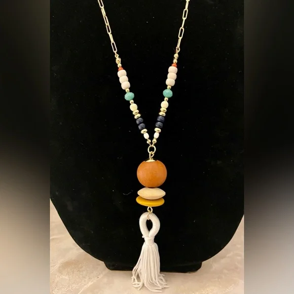 Ann Taylor Factory wood pendant with long tassel on a beaded paper clip chain. - Picture 2 of 6